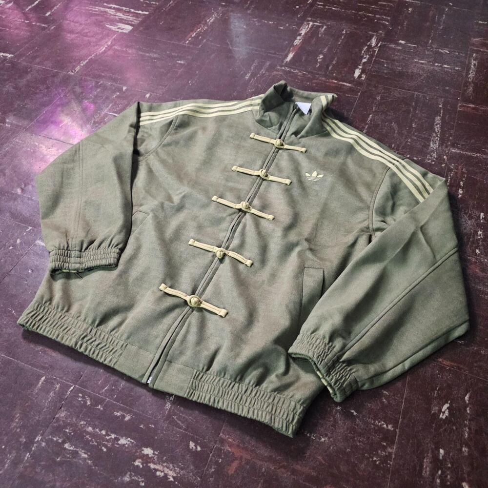 Adidas Track Jacket y2k 3 Stripe Hooded Zip Up Elastic Hem Olive Green (M) ✨